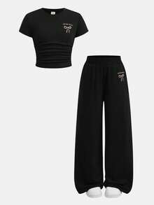 Tween Girls Spring/Summer New Embroidered Flower T-Shirt & Leggings 2 Pieces Set, Casual Daily Fashion Versatile, Grey Fitted Homewear 2 Pieces Set - Black - View 7