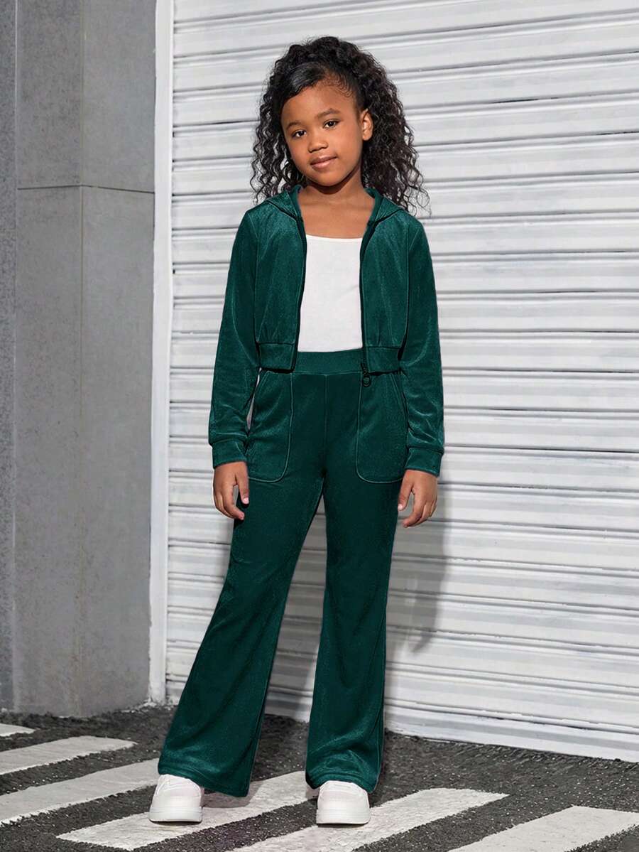 SHEIN Tween Girls' Velvet Hoodie & Sweatpants Set, Casual Sportswear - Green - View 1