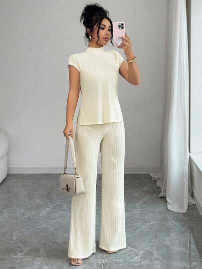 Elenzga 2pcs Women Solid Color Stand Collar Cap Sleeve Top And Pants Casual Homewear Set