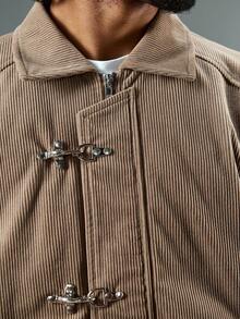 ROMWE MEN Street Life Áo khoác nam dài tay cổ ve lật chất liệu nhung kẻ, cài khuy kim loại, kiểu dáng thường ngày. - Cà phê nâu - Xem 2