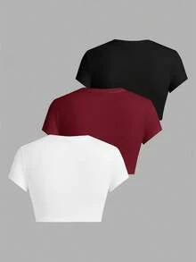 SHEIN EZwear 3件套蝴蝶结樱桃印花圆领短袖修身露脐女式T恤，适合夏季穿着 - 彩色 - 查看 2