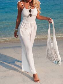 Swim Lushoire Women's Jumpsuit With Wide Leg Pants And Tie Waist, Vacation Style - White - View 1