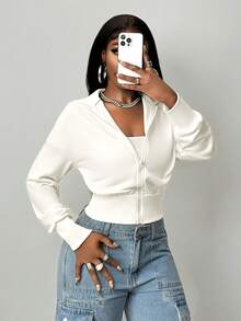 BamGleam Four-Season White Cropped Zipper Hoodie - Hot Girl Style Crop Slim-Fit Casual Top With Colorful Y Buckle Decor Belt | Comfortable Cotton Fabric For All Seasons, Ideal For Dates, Outings & Daily Commute - Sweet & Cool Girl Style Niche Fashion Hoodie - White - View 4