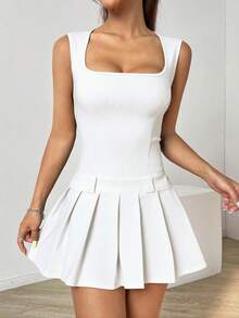 SHEIN EZwear 女士夏季白色方领荷叶边下摆无袖休闲连衣裙 - 白色 - 查看 3