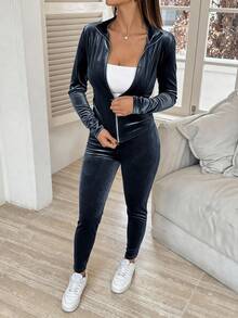 SHEIN EZwear 黑色丝绒两件套瑜伽运动服拉链外套和紧身裤 - 灰色 - 查看 4