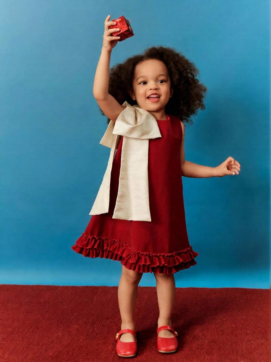 Maija Kids Red Autumn Party Elegant Oversized 3D Bow Decor Crisp Velvet Round Neck Ruffle Hem Sleeveless Graceful Dress,Suitable For Christmas Classic Fashion - Red - View 1