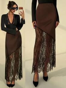 Aloruh 秋冬新款浪漫约会棕色缎面撞色蕾丝A字裙，情人节女士穿搭 - 棕色 - 查看 7