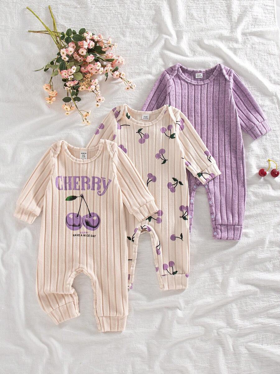 SHEIN 3件組女嬰秋季櫻桃印花信封領長袖連身衣套裝 - 紫色 - 查看 1