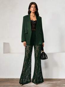 Chiquease Women's Elegant Loose Double-Breasted Long Sleeve Blazer Jacket And Flared Lace Pants Set, Spring/Autumn - Dark Green - View 3