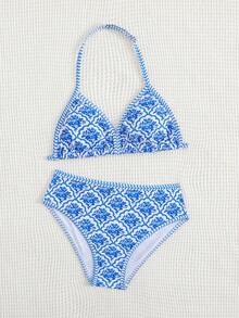 SHEIN Bộ bikini kẻ caro xanh trắng dành cho bé gái tuổi teen: Thiết kế buộc cổ, điểm nhấn dễ thương, mở ra xu hướng thời trang biển mùa hè. - Màu xanh lam - Xem 5