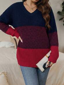 SHEIN LUNE Plus Size Color Block V-Neck Casual Pullover Sweater In Fall/Winter - Royal Blue - View 5