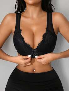 NudeFit Front Closure Wireless Lace Patchwork Bra For Women - Black - View 1
