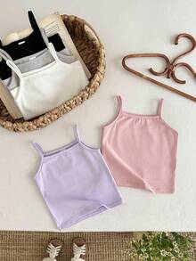 SHEIN LMoss Kids 5件套休闲可爱纯色针织吊带背心，适合女婴 - 彩色 - 查看 8