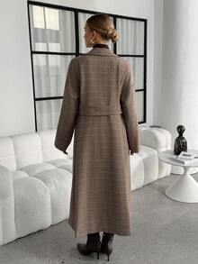 Lavishia Abrigo largo de lana a cuadros para mujer de otoño/invierno con cintura ajustable, elegante prenda exterior, de moda, adecuado para ir al trabajo y uso al aire libre en invierno, estilo Japandi - Caqui - Ver 2