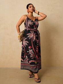 Travachic Plus Size Women's Black Tropical Floral Print Dress, Spaghetti Strap Wrap Tie Bow Long Dress, Early Spring Holiday Beach Dress - Black - View 7