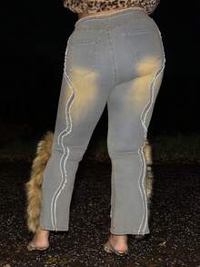 MelDlgn Jeans de mezclilla con parches de peluche decorativos de estilo vintage para tallas grandes