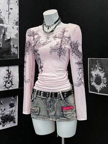 EgrlEra Cross Print V-Neck Thin Long Sleeve T-Shirt, Punk Style - Pink - View 1