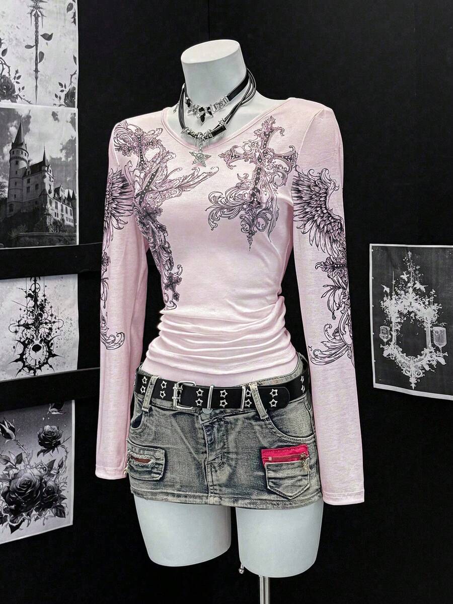 EgrlEra Cross Print V-Neck Thin Long Sleeve T-Shirt, Punk Style - Pink - View 1