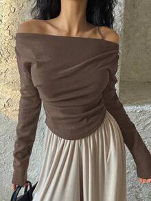 DAZY Women's Casual Solid Color One-Shoulder T-Shirt Spring - Rust Brown - View 2