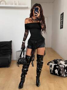 Coolane Camisetas de hombros descubiertos con volantes y lazos, estilo urbano, de festival, de concierto country, Y2K, boho y gyaru para mujer, para otoño y todo el año - Negro - Ver 5