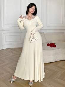 Feyla Women's Elegant Minimalist Long Sleeve Midi Dress, Everyday Wear Curve Dress Creme Dress Modest Dress Dress Long Long Dress With Sleeves Luxury Dress Dress Elegant - Apricot - View 6