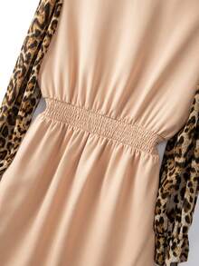 SHEIN Clasi Plus Size Solid Color Patchwork Chiffon Leopard Print Decorative Button Long Sleeve Elegant Business Casual Dress, Autumn/Winter - Multicolor - View 4