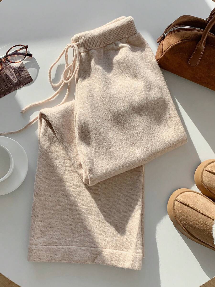 SHEIN EZwear Solid Color Drawstring Casual Loose Sweater Pants In Fall/Winter - Khaki - View 1