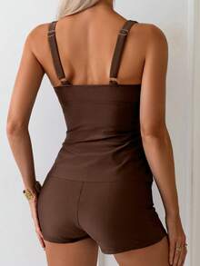 SHEIN Swim Conjunto de bikini casual de vacaciones en la playa para mujer con parte superior de tankini con volantes y tirantes gruesos de unicolor y Bottom de short alto, primavera/verano - Café integral - Ver 3