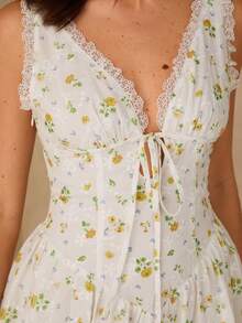 Enchnt New Arrival Spring/Summer Romantic V-Neck Tie Waist-Cinching Fashionable Yellow Flowers Embroidered Dress,Chic&Elegant For Date&Going Out&Vacation&Valentine's Day&Beach Dress, Women Vacation Outfits Women ,Outfits Beach Dress Beach ,Holiday Outfit For Women,Elegant Dresses For Women - Multicolor - View 3