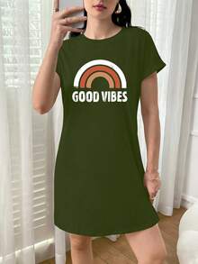 INAWLY 女士彩虹字母短袖圓領口袋寬鬆休閒時尚連衣裙 - 軍綠色 - 查看 1