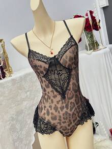 SHEIN Women's Sexy Leopard Print Lace Patchwork Hollow Out Bodysuit, Slim Fit Elegant Sleepwear - Multicolor - View 3