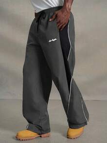 PAVTROS Pantaloni sport casual pentru bărbați, cu șiret, color block, croială lejeră, lungi, negri, cu model patchwork, pentru toamnă