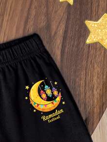 Moon And Lantern Pattern,Round Neck Short Sleeve Outfit For Birthday,Parties,Festivals - Black - View 4