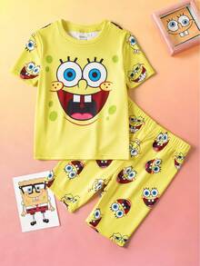 SpongeBob SquarePants | SHEIN Young Boy Cartoon Print Short Sleeve Top And Shorts Snug Fit Pajamas - Yellow - View 1