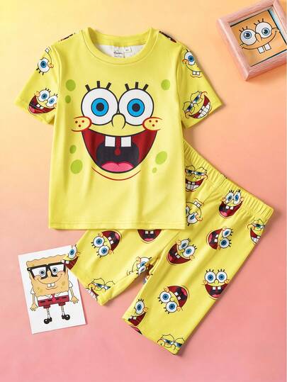 SpongeBob SquarePants | SHEIN Young Boy Cartoon Print Short Sleeve Top And Shorts Snug Fit Pajamas