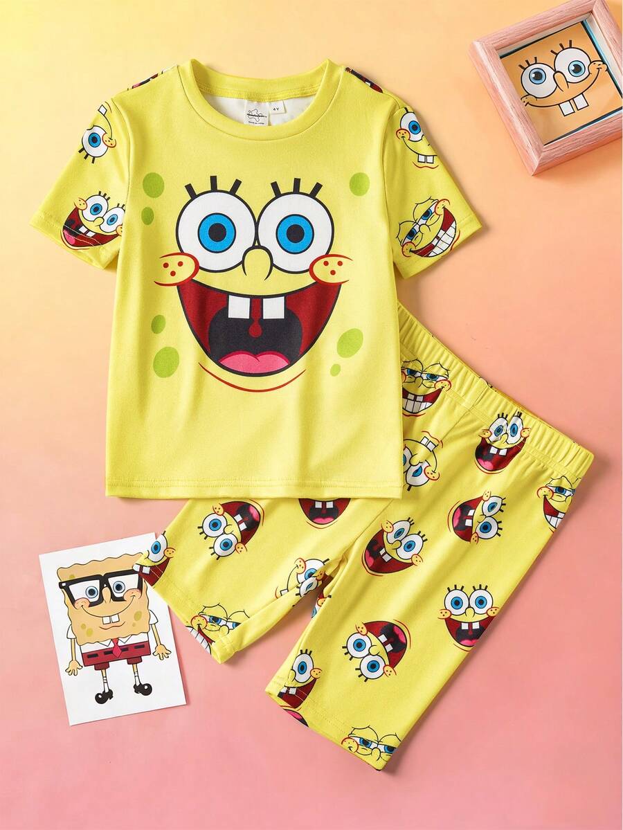 SpongeBob SquarePants | SHEIN Young Boy Cartoon Print Short Sleeve Top And Shorts Snug Fit Pajamas - Yellow - View 1