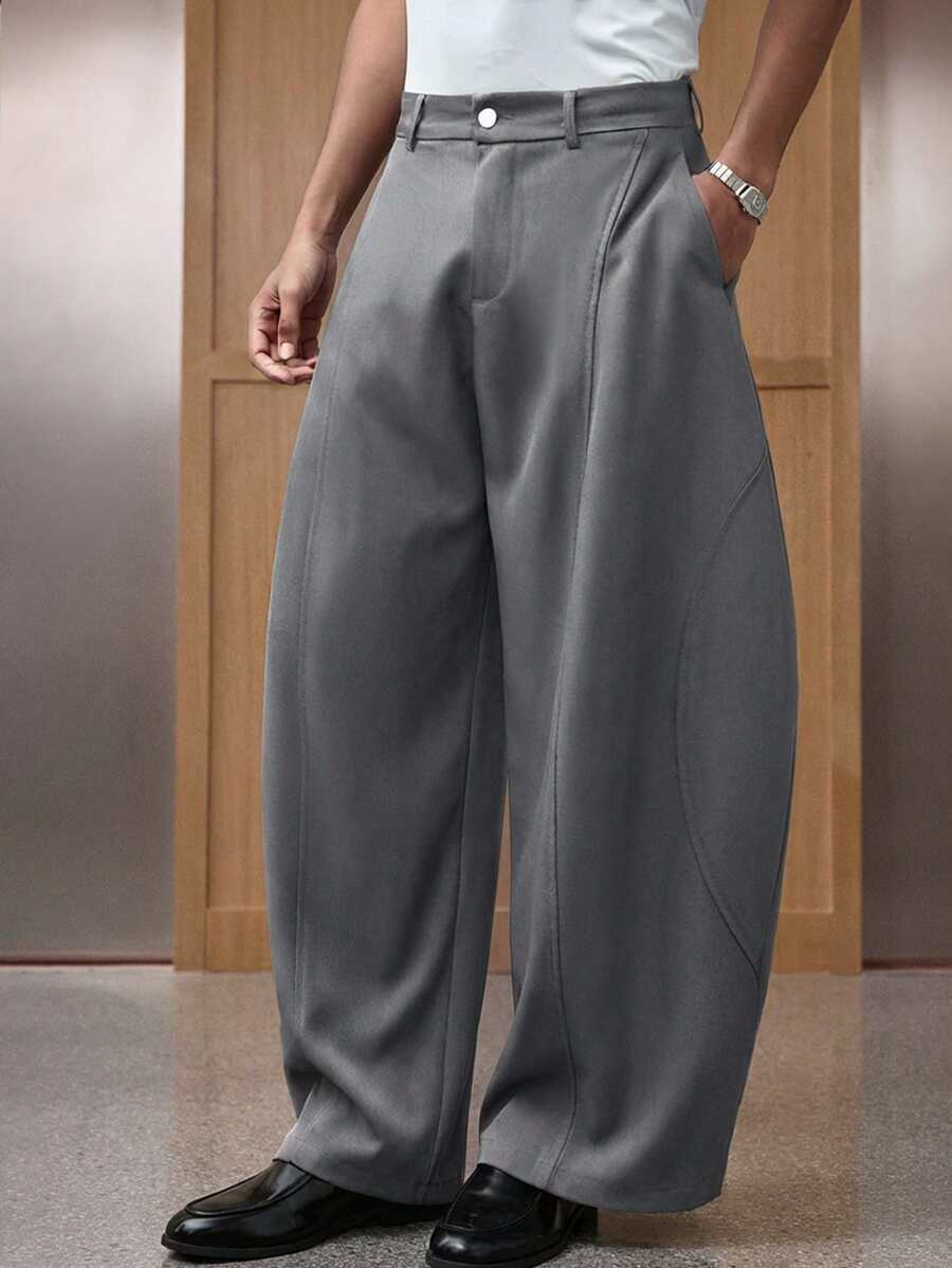 SWAVVY 男士休闲纯色阔腿裤，百搭商务装 - 深灰色 - 查看 1