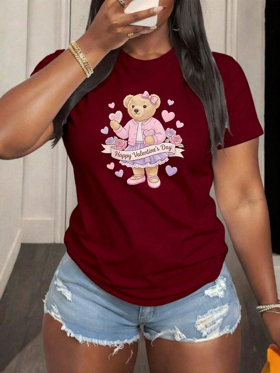Camiseta de algodón suave con estampado de oso de peluche con corazón y texto Happy Valentine's Day para mujer ideal para celebraciones románticas y festividades del Día de San Valentín - Burdeos - Ver 1
