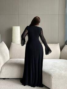 Vibekara 大码女式V领复古性感浪漫派对通勤可爱薄纱荷叶边网纱长袖纯色连衣裙，适合日常穿着、返校、生日、派对、婚礼宾客、优雅晚礼服、情人节约会、感恩节等场合。 - 黑色 - 查看 3