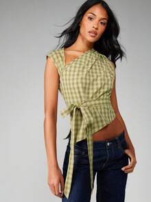 MISSGUIDED 格纹不对称裹身式系带无袖V领衬衫，春夏黄色格纹印花上衣 - 黃色 - 查看 1