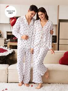 CoupledUp Heart Print Contrast Trim Men's French Style Neutral Romantic Casual Pajama Set