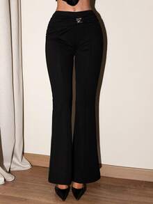 SHEIN Glamour Pantaloni a zampa di elefante con decorazione ad anello metallico per donna, snellenti, adatti per primavera, estate, autunno, inverno, colore nero, per yoga, occasioni formali - nero - Visualizzare 2