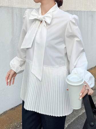 FRIFUL Blusa suelta, versátil y casual de unicolor con cuello, cordón, lazo en el hombro, pliegues en el bajo, para otoño/invierno