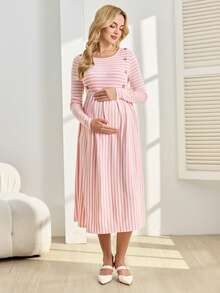 GentleRue Maternity 孕妇条纹圆领休闲哺乳连衣裙，长袖设计，适合日常穿着 - 粉色 - 查看 4