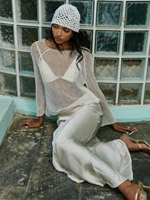 Opulessa Fashionable Light Apricot Thin Beaded Crew Neck Long Sleeve Sweater - Apricot - View 6