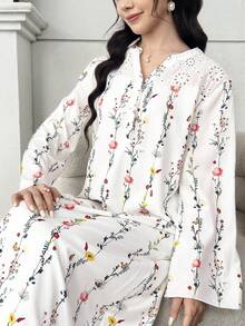 SHEIN Teen Girls White Polyester Long Sleeve Tunic Dress With Ruffle Details And Notched Neckline Vacation Style Floral Print - White - View 9