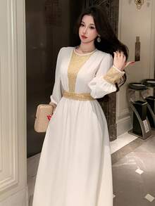 DAZY Vestido elegante de mujer con mangas abullonadas y bloques de color con lentejuelas, vestido de verano brillante para carnaval - Beis - Ver 4