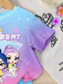SHEIN 一套少女休闲时尚韩流卡通扎染彩色短袖针织T恤和配套短裤套装，舒适的T恤套装，适合少女日常和假日休闲穿着。 - 彩色 - 查看 4