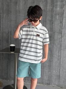 Mirajuku Set de 2 piezas con polo de rayas y pantalón corto de manga corta para niños, conjunto deportivo casual adecuado para uso diario en verano - Multicolor - Ver 3