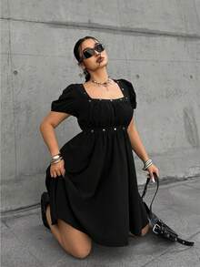 POPSWAY Robe courte en tissu à manches courtes avec décoration de rivets pour femmes grandes tailles - Noir - Voir 3